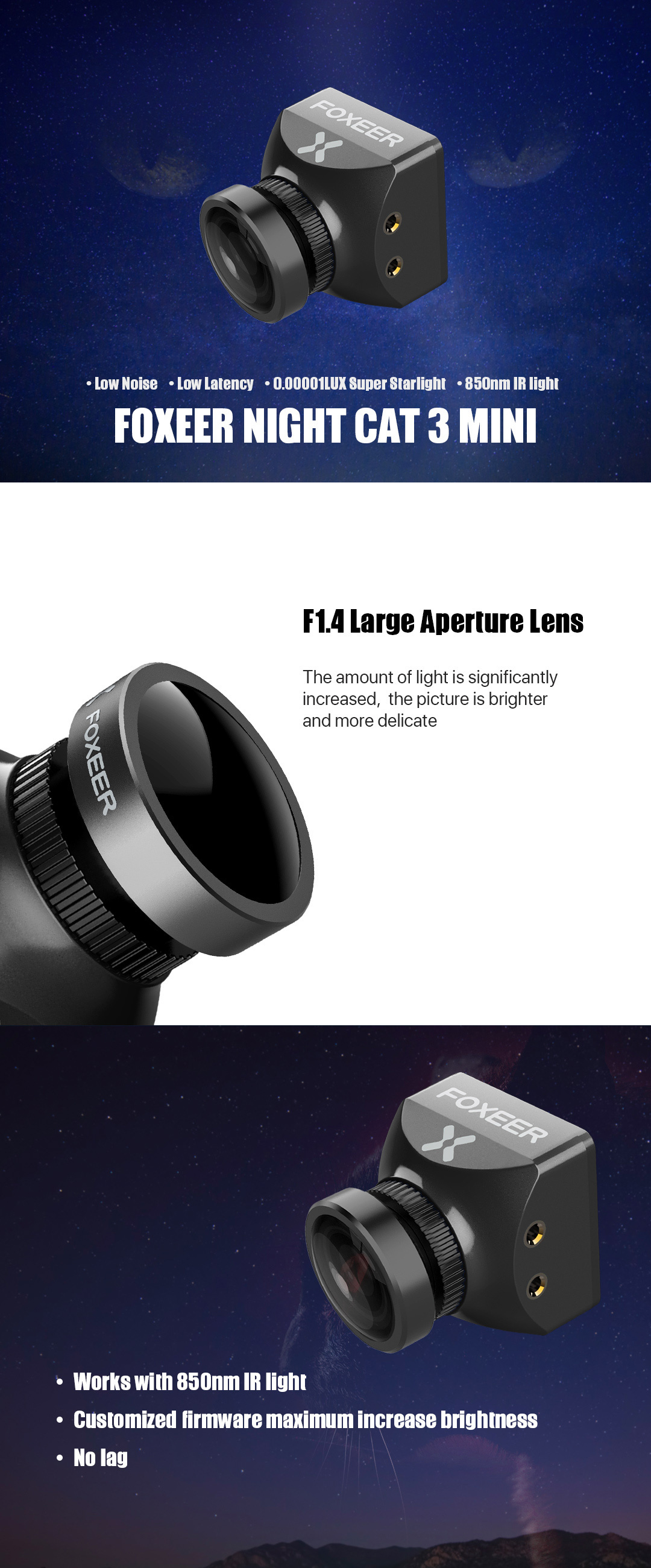Foxeer Mini Night Cat 3 1200TVL 0.00001Lux IR Sensitive Night Vision Camera 850nm IR Light